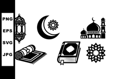 Islamic symbols crescent mosque lantern prayer rug and book Product Image 1