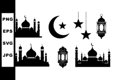 Islamic mosque silhouette crescent star lantern vector desig Product Image 1