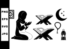 Muslim woman praying with hijab Quran moon lantern tasbih Is Product Image 1