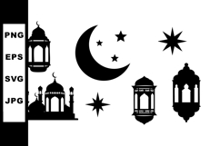 Islamic crescent moon stars mosque lanterns silhouette vecto Product Image 1