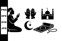 Muslim man praying with hands up mosque crescent star prayer Product Image 1