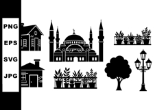 Silhouettes of mosque, traditional houses, plants, tree, and Product Image 1