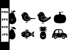 Fruit bird fish pumpkin and car silhouette icons in simple v Product Image 1