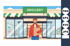 Man carrying grocery bag outside grocery store with glass do Product Image 1