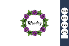 Purple flower wreath with green leaves surrounding Monday te Product Image 1