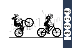 Girl riding bicycle and performing wheelie in urban cityscap Product Image 1