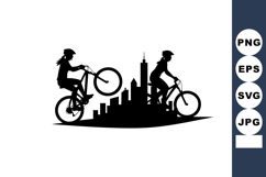Bicycle riders performing tricks in city skyline silhouette Product Image 1