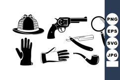 Detective hat revolver magnifying glass gloves straight razo Product Image 1