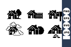 Set of black silhouette houses with trees clouds fence mailb Product Image 1
