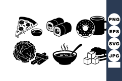 Various food and drink items including pizza sushi donut cof Product Image 1