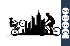 Bicyclists performing tricks and riding bikes against city s Product Image 1