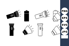 Flashlight icon set with battery symbol in black and white v Product Image 1