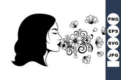 Woman blowing flowers and floral elements in artistic black Product Image 1
