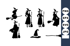 Witch silhouettes with pointed hats and broomsticks in vario Product Image 1