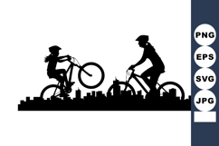 Children riding bicycles over city skyline silhouette playfu Product Image 1