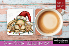 Rabbit Tangled In Christmas Lights Square Coaster Funny Xmas Product Image 1