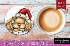 Rabbit Tangled In Christmas Lights Round Coaster Funny Xmas Product Image 1