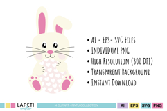 Seated Easter bunny holding a pale pink egg decorated with white hearts
