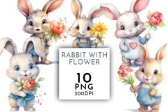 Cute Rabbit with Flower | Watercolor Clipart PNG Product Image 1