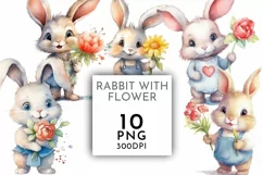 Cute Rabbit with Flower | Watercolor Clipart PNG Product Image 1