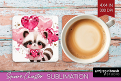 Raccoon Valentine Square Coaster Cute Valentines Day Coaster Product Image 1
