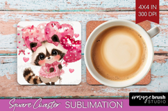 Raccoon Valentine Square Coaster Cute Valentines Day Coaster Product Image 1