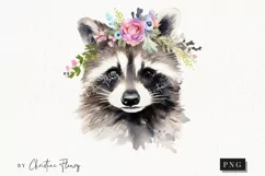 Watercolor Raccoon Flower Crown Clipart | Watercolor Animal Product Image 1