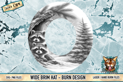 Raccoon winter wide brim hat burn design featuring a detailed woodland raccoon scene for laser engraving and hand burning projects