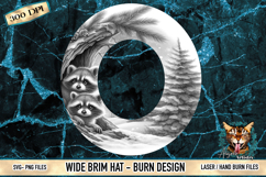 Preview of raccoon wide brim hat burn design SVG and PNG files for laser cutting and hand burn applications