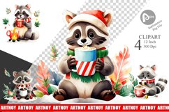 Watercolor Raccoon with Christmas Hot Cocoa Clipart Product Image 1