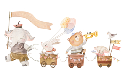 Watercolor Cute Animals Parade Train Elephant Bear Rabbit Product Image 2