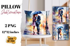 Valentine pillow sublimation. Couple in love in the rain Product Image 1
