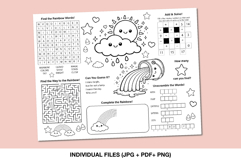 Rainbow activity placemat printable with kids games and coloring elements