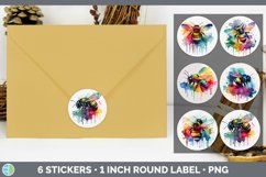 Bundle of six Rainbow Bumble Bees sticker 1in round labels designs.