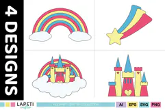 Cute fairy tale graphics in bright pink blue and yellow colors
