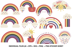 kawaii rainbow clipart set in pastel colors for crafts