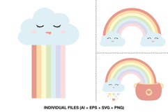 Cute pastel rainbow clouds with smiling faces, perfect for nursery prints and crafts.