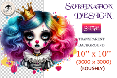 Watercolor clipart of a gothic clown princess with rainbow pigtails and a golden crown. Elegant and eerie character for Halloween or circus-themed designs.