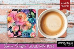 Rainbow Flowers Square Coaster - Spring Coaster PNG Product Image 1
