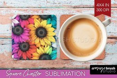 Rainbow Flowers Square Coaster - Spring Coaster PNG Product Image 1