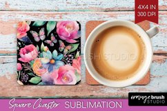 Rainbow Flowers Square Coaster - Spring Coaster PNG Product Image 1