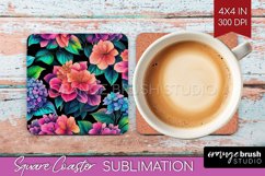 Rainbow Flowers Square Coaster - Spring Coaster PNG Product Image 1