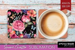 Rainbow Flowers Square Coaster - Spring Coaster PNG Product Image 1