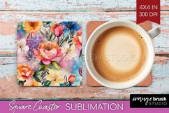 Rainbow Flowers Square Coaster - Spring Coaster PNG Product Image 1