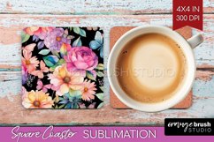 Rainbow Flowers Square Coaster - Spring Coaster PNG Product Image 1