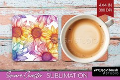 Rainbow Flowers Square Coaster - Spring Coaster PNG Product Image 1