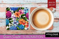 Rainbow Flowers Square Coaster - Spring Coaster PNG Product Image 1