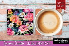 Rainbow Flowers Square Coaster - Spring Coaster PNG Product Image 1
