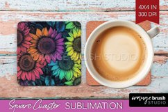 Rainbow Flowers Square Coaster - Spring Coaster PNG Product Image 1