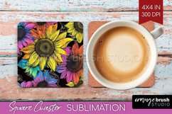 Rainbow Flowers Square Coaster - Spring Coaster PNG Product Image 1